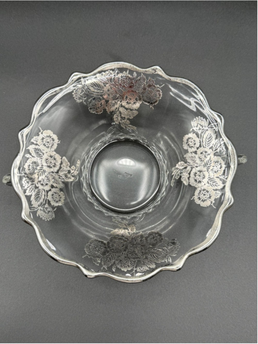 Heisey 6.5" Etched Glass Serving Bowl Silver Overlay Floral Handles Vintage